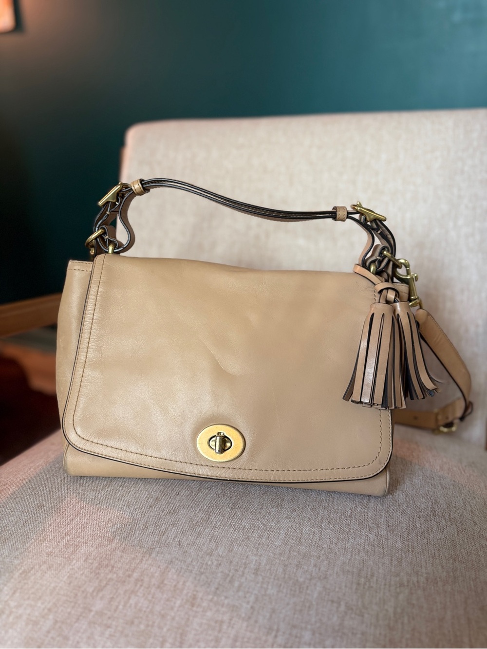 Coach Beige Leather Shoulder Bag with Tassel
